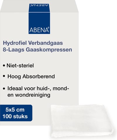 Abena Gaaskompres - 100 Stuks - Hydrofiel Verbandgaas - 8-Laags Gaaskompressen - 100% Katoen - 5 cm x 5 cm