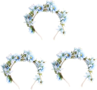 3-delige Bloemenkrans Haarband met Levensechte Bloemen - Lichtgewicht Haaraccessoires voor Bruiloft, Festival en Feest voor Vrouwen en Meisjes in Blauw