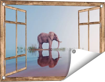 Gards Tuinposter Doorkijk Olifant bij het Water - 60x40 cm - Tuindoek - Tuindecoratie - Wanddecoratie buiten - Tuinschilderij