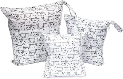 Set van 3 luiertassen met herbruikbare doekzak, organizer voor baby luiers, vieze kleding en accessoires, Kat-wit