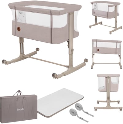 Lionelo Aurora 3in1 Co-sleeper - Babybedje tot 9 kg - Meegroeibed - 4 wielen met rem - Campingbedje – Verstelbare Hoogte – Ademend Gaas – Inclusief Matras & Transporttas – Afneembare Bekleding