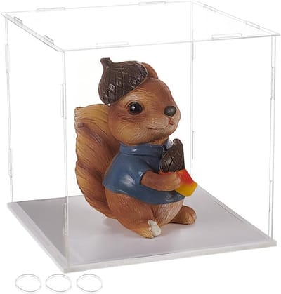 Acryl Display Case 21.3 x 21.3 x 20.5 cm voor Minifiguren, Transparante Vitrine met Witte Basis en Rubber Ringen, Ideaal voor Verzamelobjecten en Modelbouw