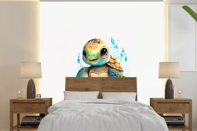 Behang - Fotobehang Schildpad - Waterverf - Kleuren - Dieren - Meisjes - Jongens - Breedte 240 cm x hoogte 240 cm