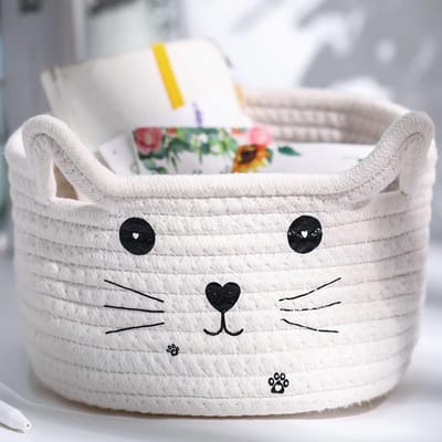 Daity 1 stuk - Opbergmand van katoenen touw - opbergmand voor katten - geweven doos met oren - speelgoed voor huisdieren - schattige mand van katoenen touw voor cadeaus - speelgoedkist voor katten en honden - kinderkamer (8,3 x 4,7 inch)