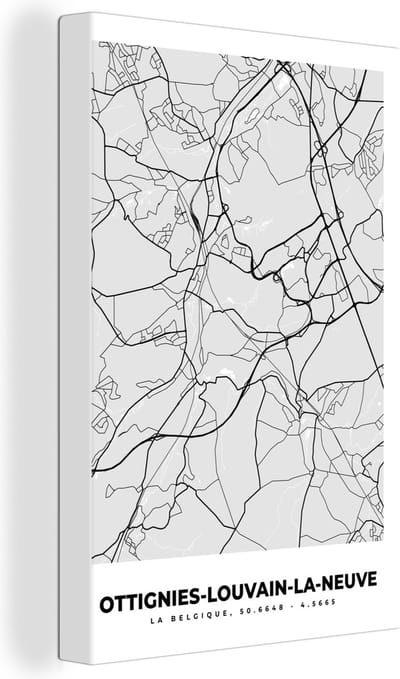 Canvas Schilderij Stadskaart – Zwart Wit - Kaart – Ottignies Louvain la Neuve – België – Plattegrond - 20x30 cm - Wanddecoratie