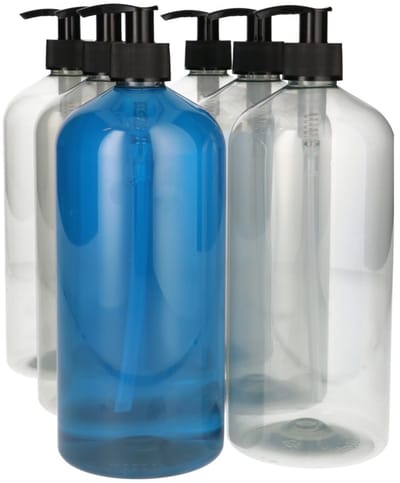 6 x 1000 ml Basic Round 100% R-PET transparant + Dispenserpomp zwart - 6 stuks