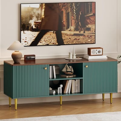 140 cm TV-meubel voor tv tot 65 inch- mediakast met 2 deuren- verstelbare plank en gouden metalen poten- MDF-groen