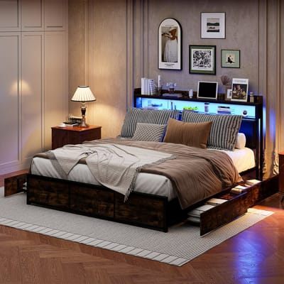Gestoffeerd Bed 180x200 cm met LED-hoofdbord en Opbergruimte - Tweepersoonsbed met 4 Laden en Lattenbodem - bedframe met rugleuning voor jongerenbed - PU Zwart