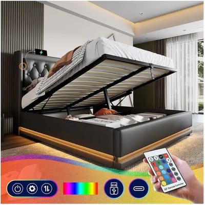 Merax Opbergbed 140 x 200 cm met hoofdeinde - USB- en Type-C-aansluitingen - LED's - PU-leer - Zwart (zonder matras)