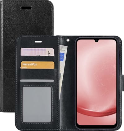 Hoesje - Met Pasjeshouder - Geschikt voor Samsung Galaxy A25 - Luxe Bookcase Portemonee - Flip Case - Kunstleer Book Case - Flipcase - Book Cover - Walletcase - Portemonneehoes - Zwart