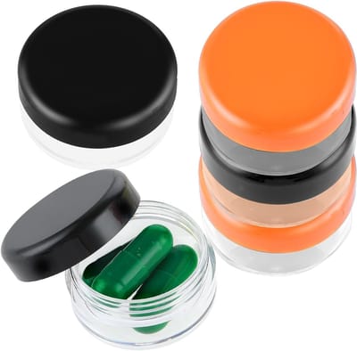 Kleine Pillendoosjes voor Reizen - 5 Stuks Draagbare Mini Medicijnopslag, BPA-vrij en Handig voor Dagelijks Gebruik (Zwart, Oranje)