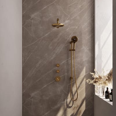 Brauer Gold Carving Thermostatische Regendoucheset Inbouw - Hoofddouche 20 cm - Rechte Wandarm - Handdouche 3 Standen - Doucheslang - Geintegreerde Glijstang - Geborsteld Goud