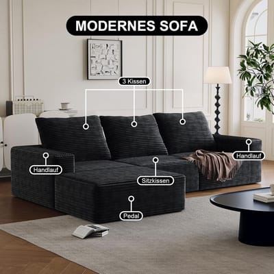 Modulaire Hoekbank Slaapbank L-vorm 150 x 125 x 72 cm – 3-Zits Bankbed zonder Frame met Slaapfunctie, Corduroy Bekleding, Inclusief Kussens, Direct Gebruiksklaar – Laura