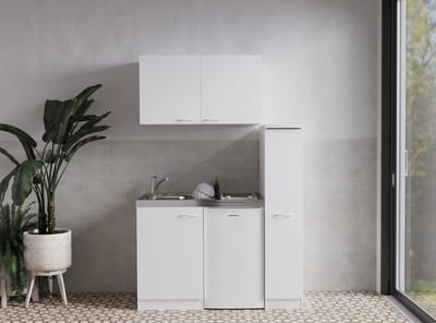 Goedkope keuken 130  cm - mini keuken met apparatuur Levin - Wit/Wit - keramische kookplaat  - koelkast          - kleine keuken - compacte keuken - keukenblok met apparatuur