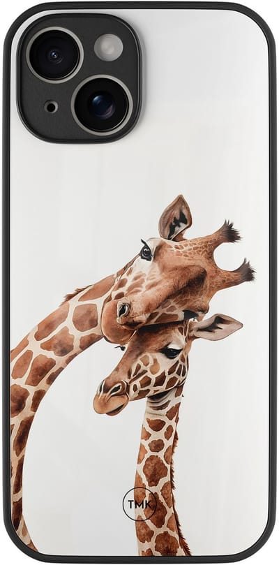 Hoesje geschikt voor Apple iPhone 14 - Giraffen - Bruin - TPU luxe case (glossy toplaag) - Print - Hardcase backcover zwart