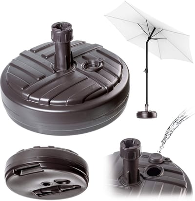 KADAX Parasolstandaard, ronde parasolstandaard, parasolhouder kan worden gevuld met zand water of grind, kunststof standaard voor tuin, terras, strand (versie 1, rond, bruin)