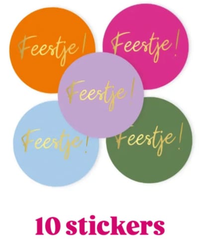 10x Sticker - FEESTJE ! - Color Mix - 4cm - sluitsticker - cadeausticker