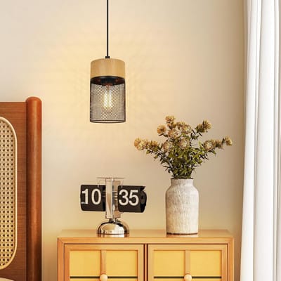 Glitzerlife - Hanglampen - Vintage industriële pendellamp - 1xE27 fitting - verstelbare hoogte - metalen rooster met houtlook - Ø10cm - zwart - hanglamp eetkamer woonkamer keuken