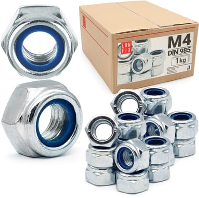 LUN FIX - Beveiligingsmoeren M4 - 1 kg (ca. 1000 stuks) - DIN 985 - Zelfborgende moeren met nylonring - verzinkt staal