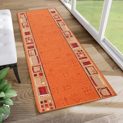 Tapiso Antislip Tapijtloper – Gangloper Keukenloper Oranje – Rubber Onderkant Geometrisch Maat- 80x150