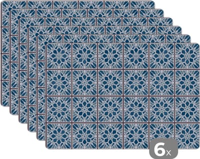 Placemat - Placemats kunststof - Tegel - Vintage - Patronen - 45x30 cm - 6 stuks - Hittebestendig - Anti-Slip - Onderlegger - Afneembaar