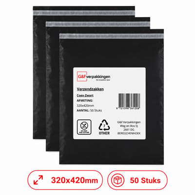 Verzendzakken Zwart 320x420 mm - 50 Stuks - CoEx LDPE - Zelfklevende Plakstrip - Scheurvast & Waterafstotend | G&F Verpakkingen