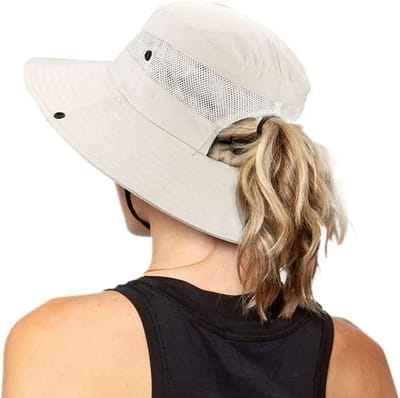 Dames - Opvouwbaar - Brede rand Buiten - UV-bescherming - Opvouwbare zonnehoed - Mesh - Brede rand - Strand - Vissershoed - Met paardenstaartgat (Beige)