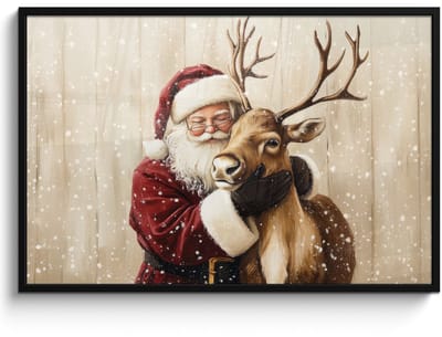 Poster in lijst - Fotolijst 120x80 cm - Posters - Kerstman - Rendier - Sneeuw - Kleurrijk - Posterlijst zwart - Decoratie - Wanddecoratie woonkamer - Muurdecoratie slaapkamer - Kerstversiering - Kerstdecoratie voor binnen - Kerstmis