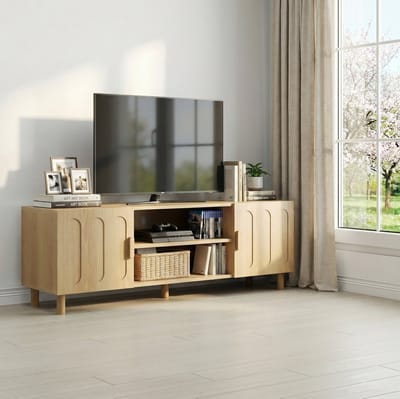 OKWISH Tv Meubel – Landhuisstijl Met Verticale Fronten – 140x40x48 Cm – Opbergruimte Met Kabeldoorvoer – Eikenkleur MDF