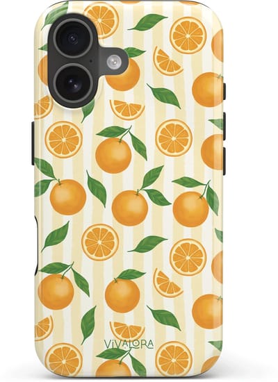 VivaLora Tough Telefoonhoesje iPhone 16 met MagSafe - Orange Breeze Print - 2-in-1 Phone Case - Hard Case & Siliconen Back - Sinaasappels Dessin - Extra Bescherming - Shockproof - Oranje