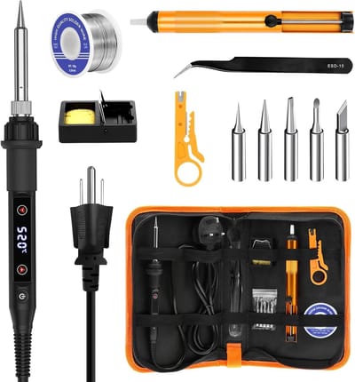 Soldeerset 80W - Instelbare Temperatuur 180-520°C - 15s Snel Verhitten - met 5 Soldeertips, Tin, Ontsoldeerpomp, Standaard, Pincet - 1 Set