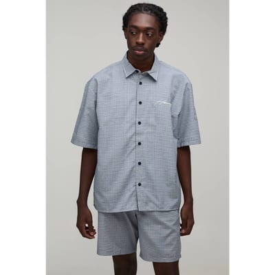 Geborduurd Micro-ruit Boxy Overhemd & Short Set | Black | Size XS