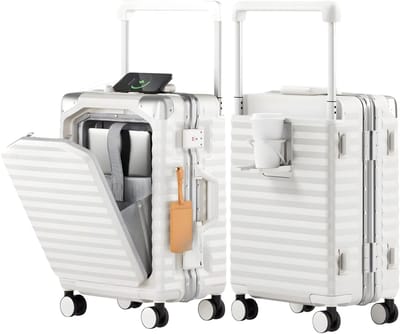 Handbagagekoffer – Voor reizen en zakelijk gebruik – Aluminium met voorvak, USB-poort, bekerhouder, TSA-slot en spinnerwielen – Wit, aluminium (ca. 51 cm)