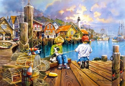 Puzzel 1000 stukjes kleurrijk kade met boten
