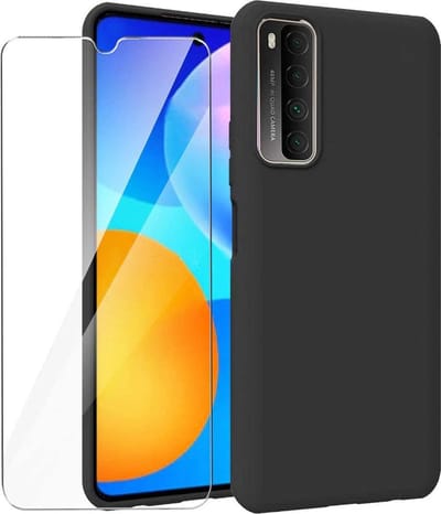 Silicone hoesje zwart met 2 Pack Tempered glas Screen Protector Geschikt voor : Huawei P smart 2021