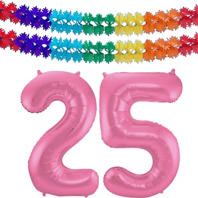 Folat Verjaardag Leeftijd folieballon - 25 jaar - roze - 86 cm - cijferballon groot - incl 2x feestslingers