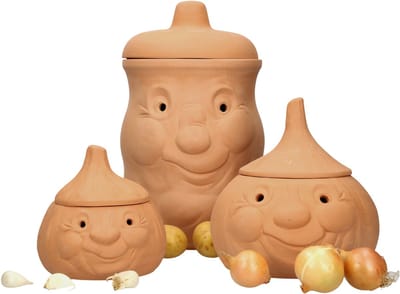 3-delige terracotta set knoflookpot Knut + uienpot Onni + aardappelpot Karl