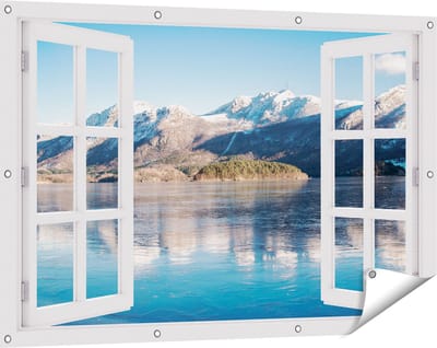 Gards Tuinposter Doorkijk Meer bij het Bergen Landschap in Noorwegen - 120x80 cm - Tuindoek - Tuindecoratie - Wanddecoratie buiten - Tuinschilderij