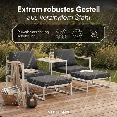 5-delige Moderne Tuin Loungeset 2-4 Persoons | Compacte Balkon- & Terrasmeubels 64x64x63 cm – Luxe Zitgroep Met Stoelen, Krukken en Tafel – Wit Design | Laura