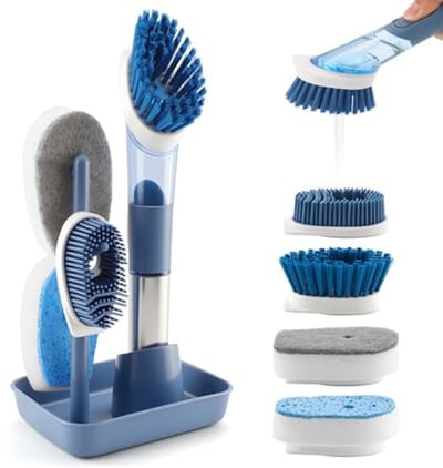 Navulbare Afwasborstel met Zeepdispenser - 28,5 cm Keukenborstel Set met 4 Verwisselbare Borstelkoppen