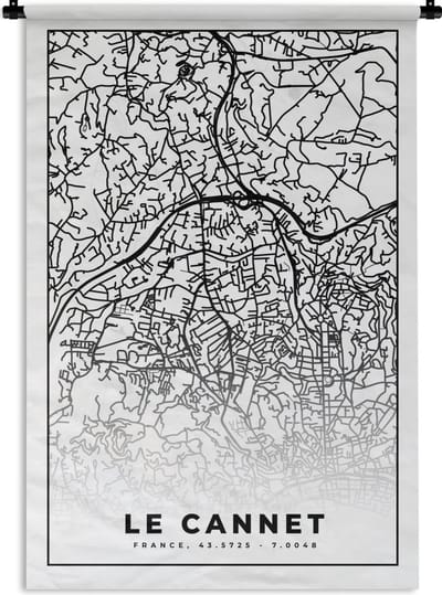Wandkleed - Wanddoek - Kaart - Plattegrond - Le Cannet - Frankrijk - Stadskaart - Zwart wit - 120x180 cm - Wandtapijt