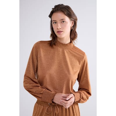 Summum Woman Smocked Top Fine Lurex Jersey Caramel Coffee Size: M | Long-Sleeved Tops Outlet | Dames | Bruin