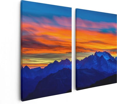 Artaza Canvas Schilderij Tweeluik Oranje Zonsondergang In De Bergen - 80x60 - Foto Op Canvas - Canvas Print