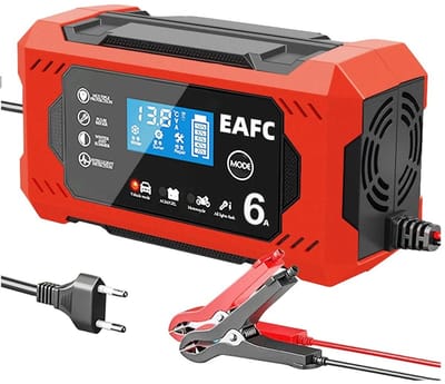 OwlyVision Acculader 12V 6A - Automatische Druppellader met Pulsherstel - voor AGM, Gel en Loodzuuraccu - Intelligente Snellader met Auto-Stop - Auto, Motor en Camper