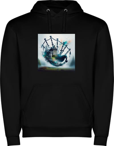 Zwarte unisex hoodie met “ Kleurrijke Doedelzak – Schotland – Ruig – Muziekinstrument – Kasteel “ Print Full Color merk Roly maat L