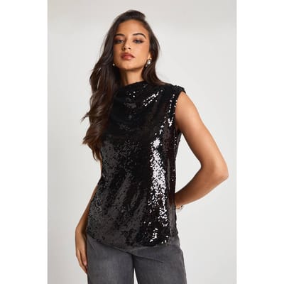 boohoo Dames Pailletten Top met Hoge Hals en Gerimpelde Afwerking | Zwart | Maat: 34