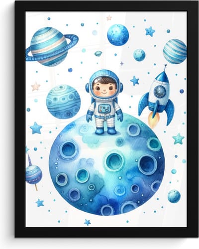 Poster in lijst - Fotolijst 30x40 cm - Posters - Ruimte - Blauw - Astronaut - Sterren - Planeten - Posterlijst zwart - Kamer decoratie - Wanddecoratie kinderkamer - Muurdecoratie babykamer