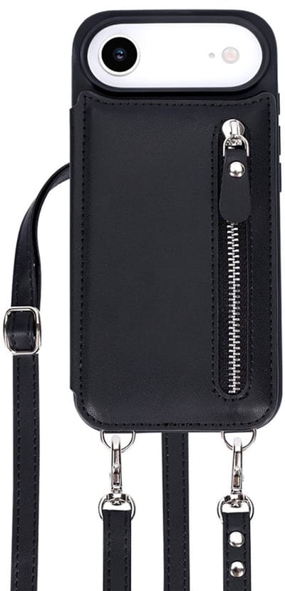 CaseBoutique Backcase hoesje geschikt voor iPhone 17 Air - Effen Zwart - Kunstleer - Crossbody Hoesje Koord - Pasjeshouder voor 3 passen - Ritsvakje