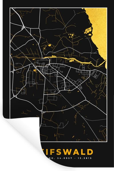 Muurstickers - Sticker Folie - Black and Gold – Stadskaart – Greifswald – Duitsland – Plattegrond – Kaart - 20x30 cm - Plakfolie - Muurstickers Kinderkamer - Zelfklevend Behang - Zelfklevend behangpapier - Stickerfolie