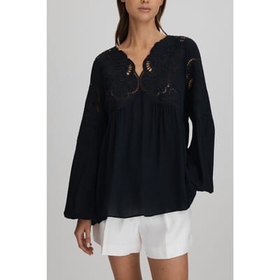 Reiss Lace Insert Blouse Navy Size: 6 | Long-Sleeved Tops Outlet | Dames | Blauw